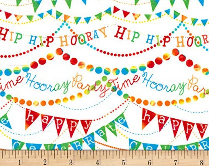 Timeless Treasures Birthday Party Hip Hooray White Fabric by The Yard (TT669)