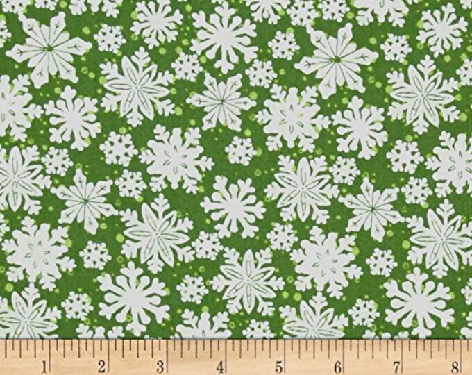 Seasons Greetings Imagine Snowflakes Green Fabric by The Yard (FQ182)