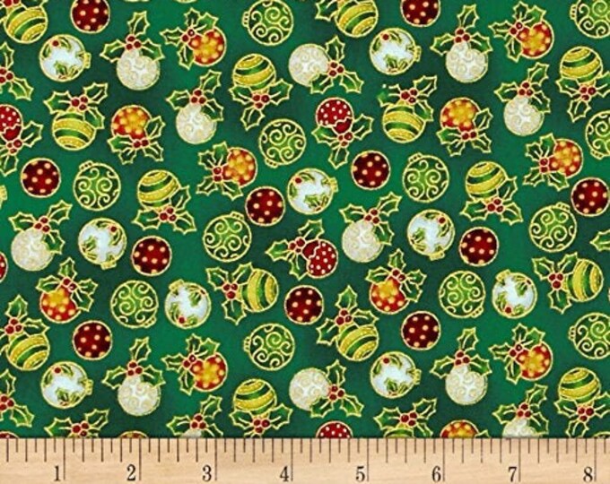 Fabri-Quilt Seasons Greetings Ornaments Metallic, Green Sold By The Yard (FQ170)