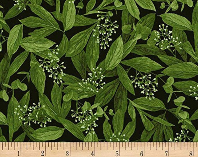 Timeless Treasures Carina Leaves & Buds Fabric, Black, Fabric By The Yard (TT1053)