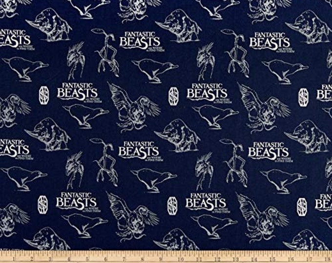 Harry Potter Wizarding World Logo & Creatures Metallic Camelot 100% Cotton fabric by the yard  (CA1093)
