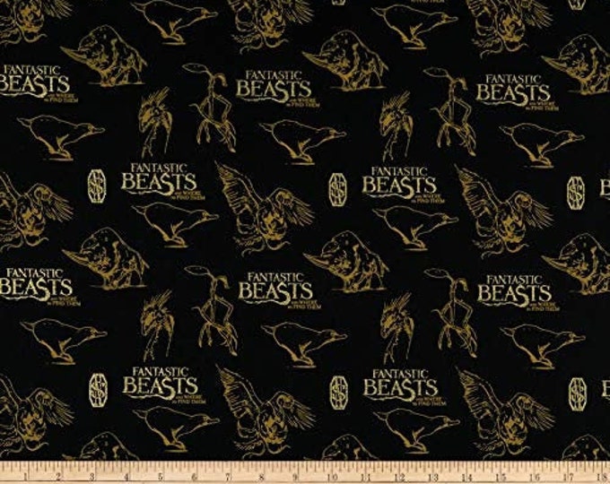 Harry Potter Wizarding World Logo & Creatures Black Camelot 100% Cotton fabric by the yard  (CA1108)