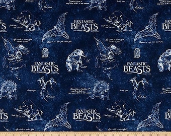 Harry Potter Wizarding World Logo & Creatures Navy Blue Camelot 100% Cotton fabric by the yard  (CA1100)