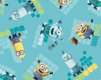 M7 Minion Le Buddies TurquoiseYellow 100/% cotton fabric by the Panel 35.5x43 Minion Panel