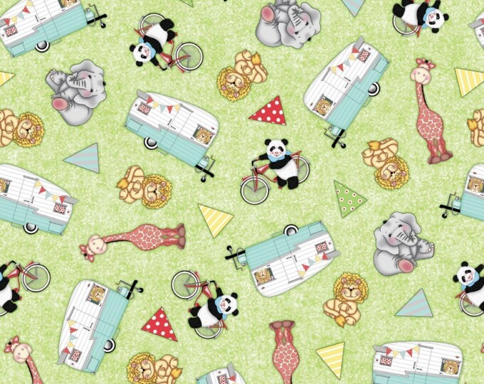 Springs Creative Bazooples Campout Toss Animal Campers Green Premium Quality 100% Cotton Fabric (SC198)