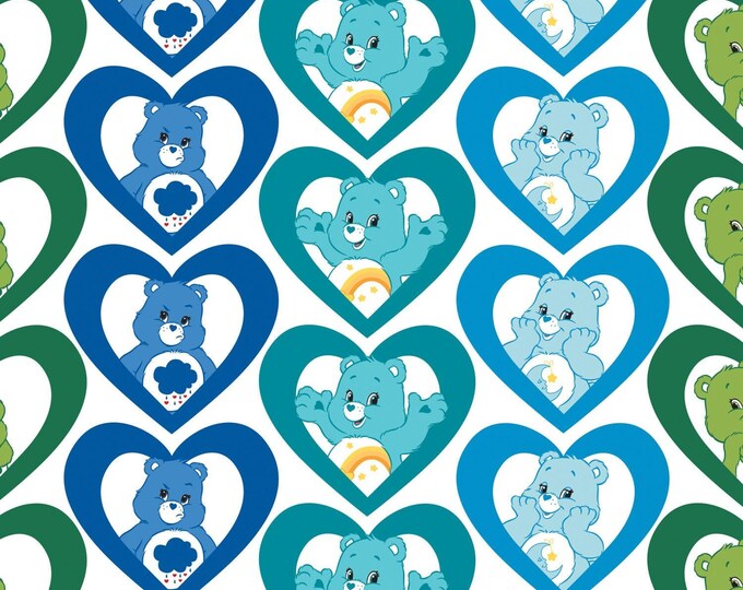 Camelot Fabrics Care Bear Cool Hearts in Turquoise Blue Premium Quality 100% Cotton Fabric (CA636)