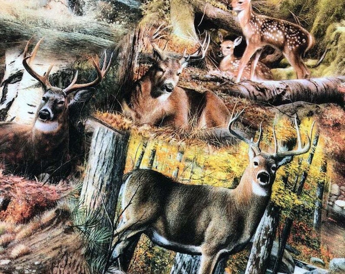 Animal On the Run Deer in the Forest David Textiles 100% cotton fabric by the yard  (DA179)