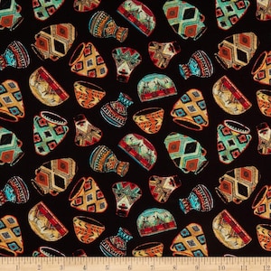 May include: A black fabric with a repeating pattern of colorful Native American-style pottery. The pottery is in various shapes and sizes, with intricate geometric designs in shades of orange, yellow, blue, green, and red.