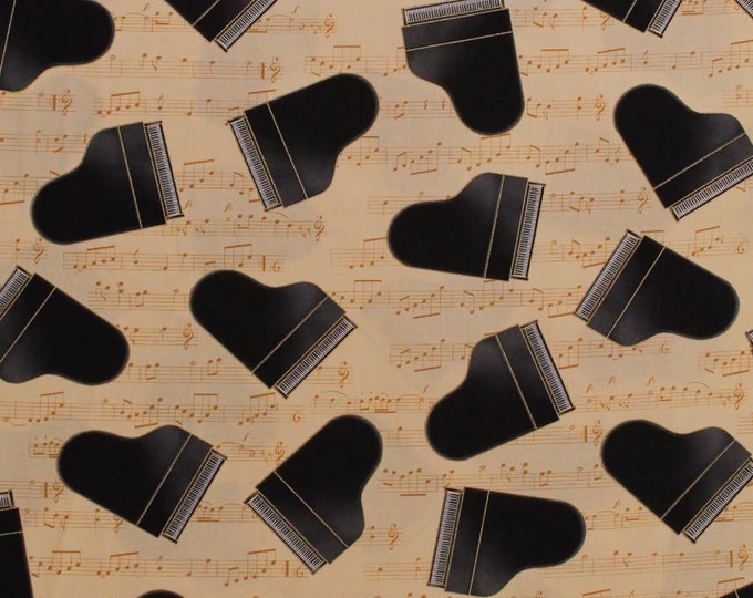 Robert Kaufman Grand Pianos Pianists Musical Instruments Sheet Music Notes Staff in Tune Metallic Premium Quality 100% Cotton Fabric (RK27)