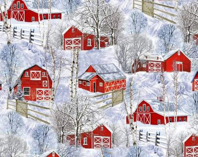 Timeless Treasures Red Barns in Snow Premium Quality 100% Cotton Fabric (TT1189KK)