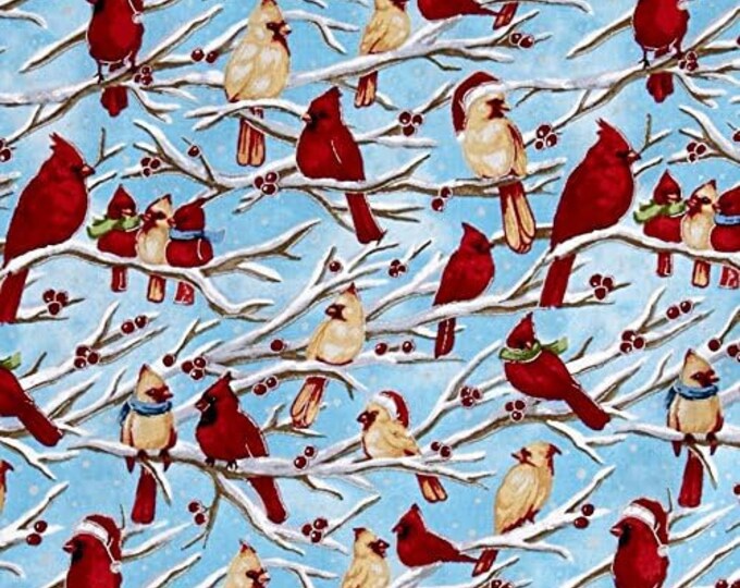 Fabri-Quilt Seasons Greetings Birds Blue/Green Metallic Quilt Premium Quality 100% Cotton Fabric (FQ169)