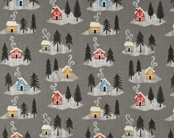 Lewis & Irene Snow Day Snow Day Houses Pearlized Accent Metallic Premium Quality 100% Cotton Fabric (M522)