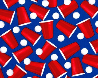 Timeless Treasures Food Novelty Fabric Blue Beer Pong Premium Quality 100% Cotton Fabric (TT461)