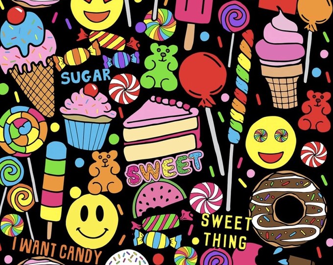 Sykel Enterprises I Want Candy Sweets Multicolor/Black Premium Quality 100% Cotton Fabric (M6XX)