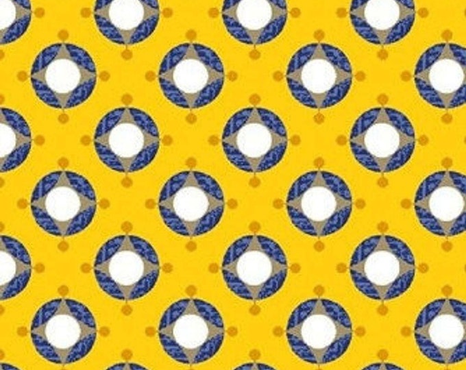 Quilting Treasures Blue & Gold Medallions Tonal Dotted Yellow White Premium Quality 100% Cotton Fabric (QT25AA)
