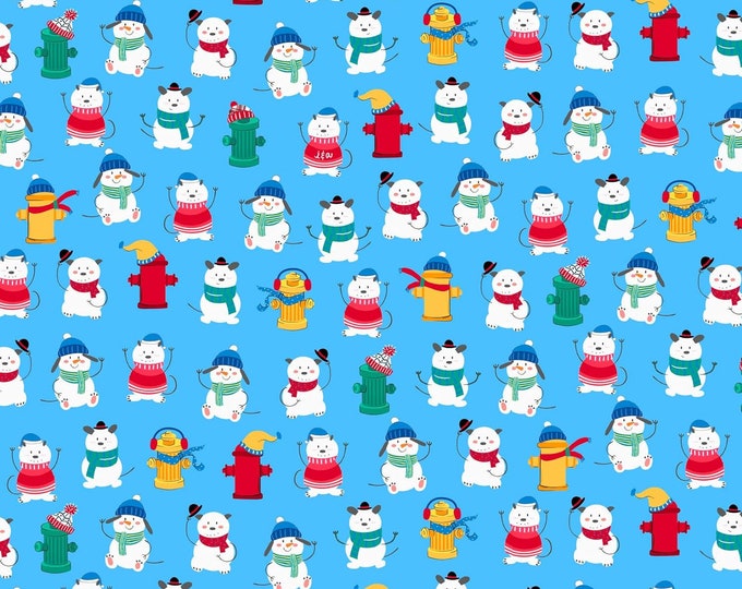 Quilting Treasures Chilly Dogs Winter Dogs & Fire Hydrants Blue Premium Quality 100% Cotton Fabric (QT1094)