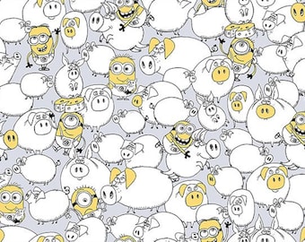 Best family ever Minions with pigs  Quilting Treasures 100% cotton Fabric by the yard ( QT708)
