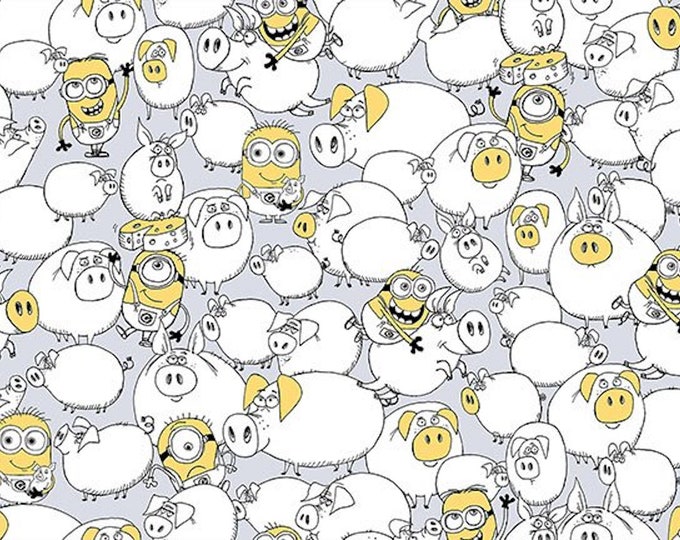Best family ever Minions with pigs  Quilting Treasures 100% cotton Fabric by the yard ( QT708)