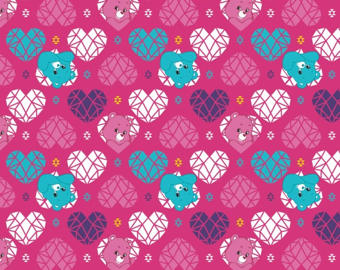 Camelot Fabrics Care Bears Sparkle & Shine Hearts in Berry Premium Quality 100% Cotton Fabric (CA968)
