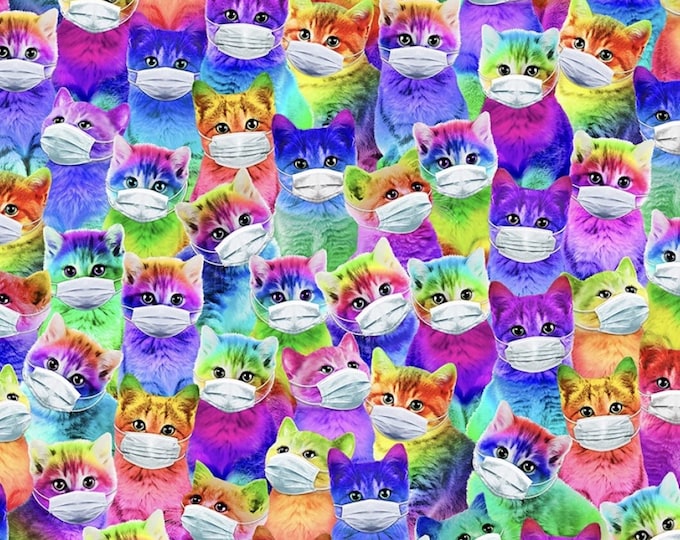 Timeless Treasures Bright Cats with Masks Multicolor Premium Quality 100% Cotton Fabric