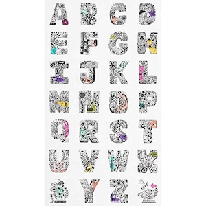 May include: Black and white alphabet letters with colorful floral and animal illustrations. Each letter is surrounded by a decorative border.