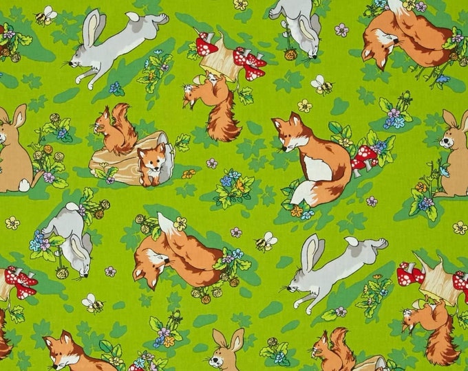 Fabri-Quilt Krazy Kritters Fox, Bunny, Squirrel in Green Premium Quality 100% Cotton Fabric (FQ81)