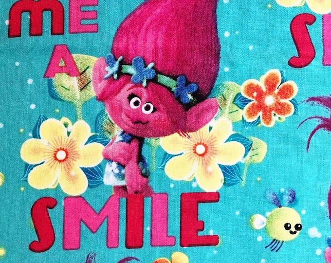 Timeless Treasures Trolls & Poppys Tossed on Turquoise Blue Premium Quality 100% Cotton Fabric (TT1SC)