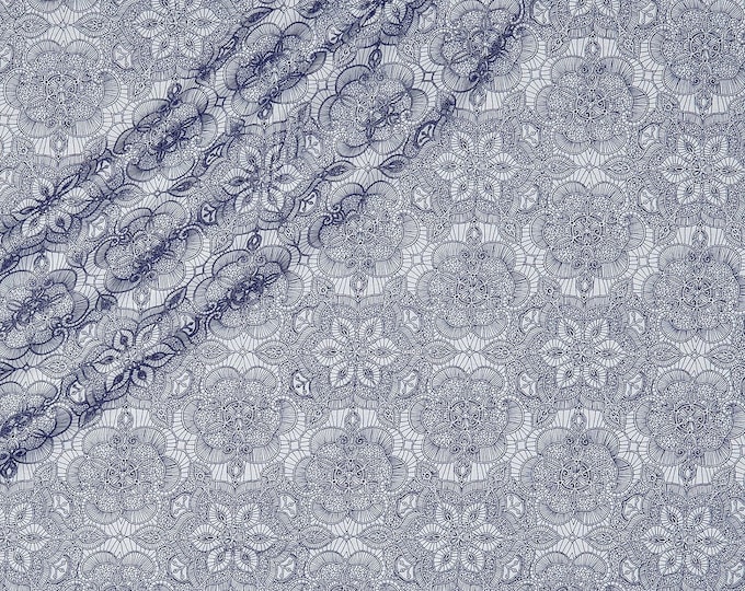 Quilting Treasures Basics Luminous Lace Medallion Blender Metallic White/Navy (NOT ACTUAL LACE) Premium Quality 100% Cotton Fabric (QT955)