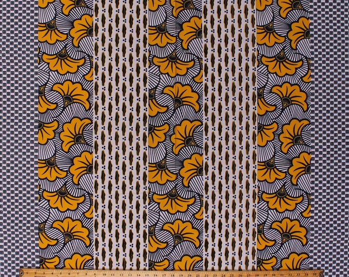 Springs Creative African Print Chaigany Wax Khendi Yellow Black White Stripes Block Premium Quality 100% Cotton Fabric (SC1446)