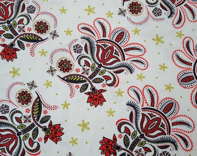 Quilting Treasures Ceylon Sparky & Marie Red Lime Paisley Floral White Premium Quality 100% Cotton Fabric (QT10)