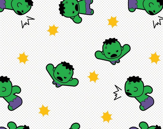 Camelot Fabrics Marvel Fabric Kawaii Hulk in White Premium Quality 100% Cotton Fabric (CA219KK)