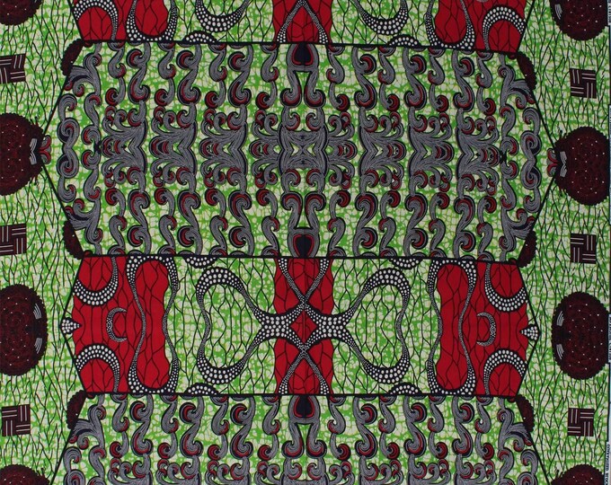 Springs Creative African Print Chaigany Wax Uma Green Red Black Block Print Tribal Designs Premium Quality 100% Cotton Fabric (SC1449)