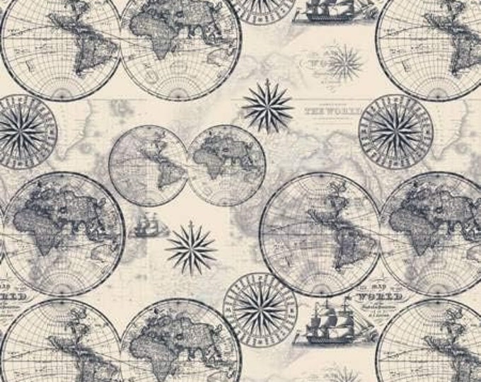 David Textiles Ocean Maps Black Lined Cream Premium Quality 100% Cotton Fabric (DA167)