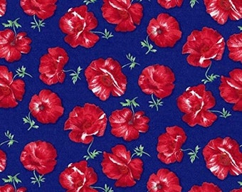 Floral Beautiful Tossed Poppies Navy Red David Textiles 100% cotton fabric by the yard  (DA75)