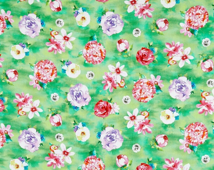 Quilting Treasures Annabelle Floral Toss Jade Premium Quality 100% Cotton Fabric (QT1058)