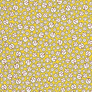 May include: A repeating pattern of baseballs on a yellow background. The baseballs are white with red stitching and are of varying sizes, creating a playful and dynamic design. The pattern is suitable for sports-themed products.