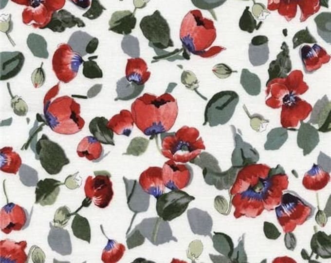 White fabric with red poppy flower green leaf by Timeless Treasures