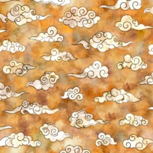 May include: A seamless pattern of white stylized clouds on a watercolor background of orange, brown, and yellow.