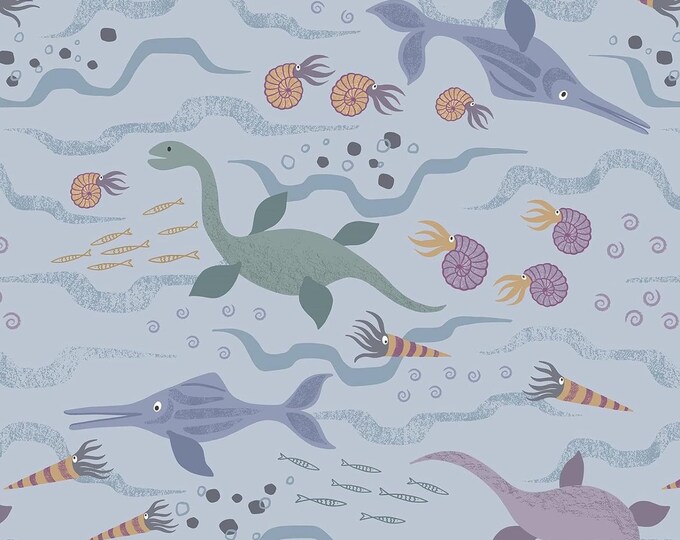 Lewis & Irene Kimmeridge Bay Sea Dinosaurs Blue Premium Quality 100% Cotton Fabric (M449)