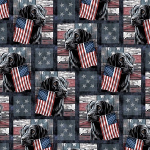 May include: A black Labrador Retriever dog holding an American flag in its mouth. The dog is set against a background of red, white, and blue wooden planks and stars.