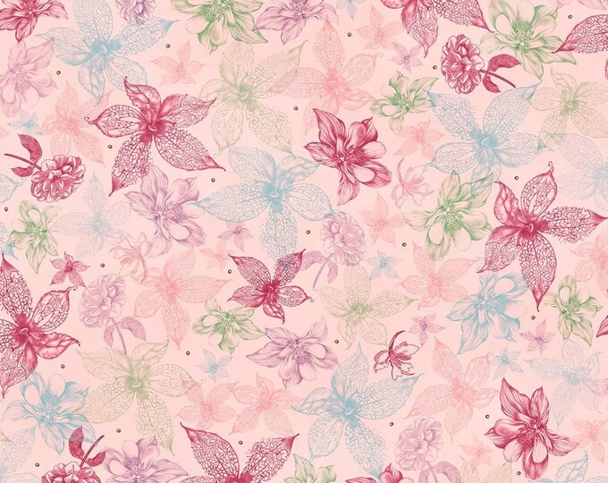 Quilting Treasures Mirabelle Midnight Garden Sketched Floral Light Pink Premium Quality 100% Cotton Fabric (QT1067)