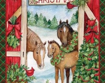 Springs Creative Three Horses Barn Merry Christmas Winter Holiday Premium Quality 100% Cotton Fabric by The Panel. (SC95XX)