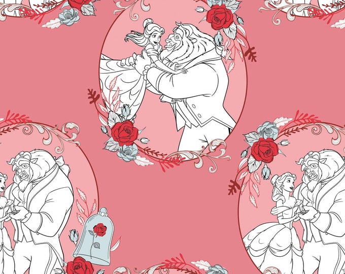 Camelot Fabrics Disney Beauty & The Beast Belle Love Dusty Pink Premium Quality 100% Cotton Fabric (CA17)