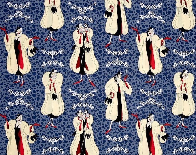 Camelot Fabrics Disney Villains Cruella de Vil Blue Premium Quality 100% Cotton Fabric (CA208)