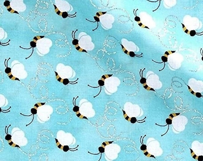 Fabric Traditions Flying Sparkling Glitter Bees Blue Premium Quality 100% Cotton Fabric (M366)