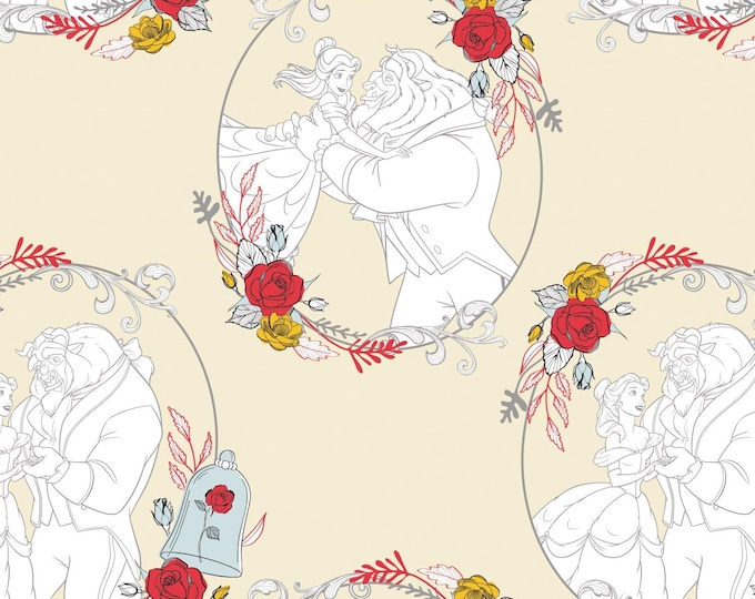 Camelot Fabrics Disney Beauty and The Beast Fabric Belle Love in Tan Premium Quality 100% Cotton Fabric (CA16)