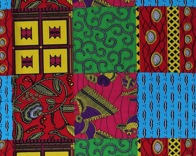 Springs Creative African Print Chaigany Wax Imani Block Bright Multi-Color Blocks Tribal Designs Premium Quality 100% Cotton Fabric (SC1453)