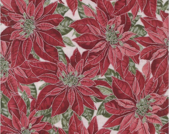 Timeless Treasures Holiday CM7756 Metallic Red Poinsettias Premium Quality 100% Cotton Fabric (TT1149KK)