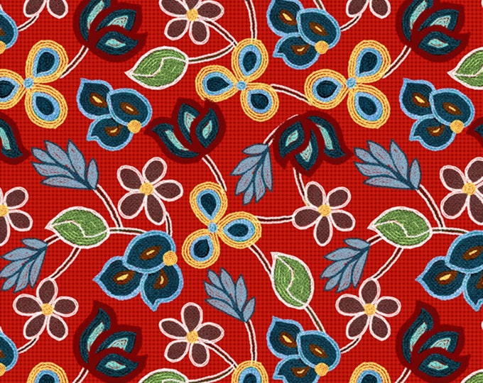 David Textiles Embroidered Petals Red/Multicolor Premium Quality 100% Cotton Fabric by The Yard.  (DA24XX)