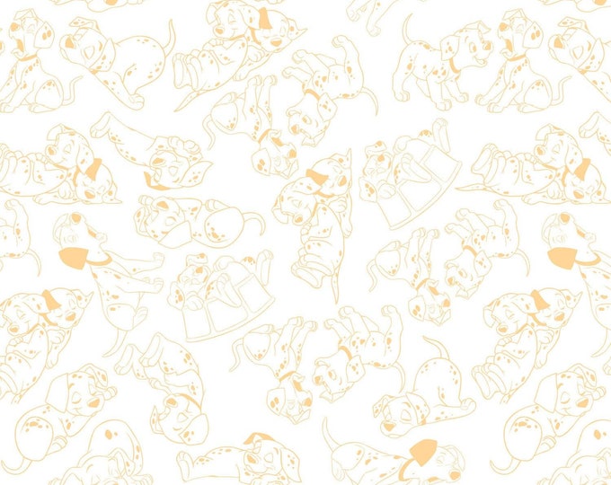 Camelot Fabrics 101 Dalmatians Disney Puppies Dogs Outline Yellow Premium Quality 100% Cotton Fabric (CA32)
